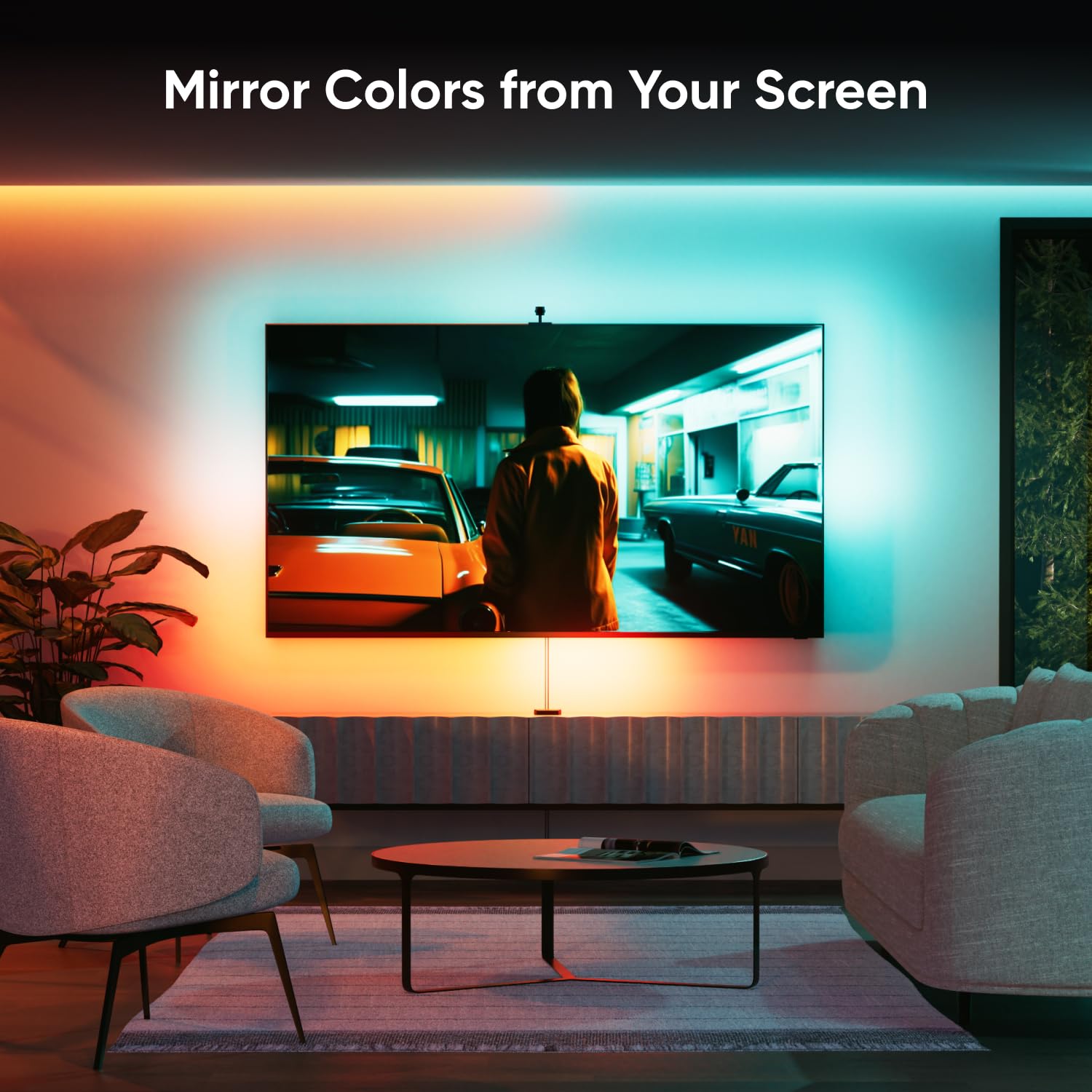 Nanoleaf screen mirroring, dynamic color synchronization from your screen to room lighting, creating an immersive viewing experience.