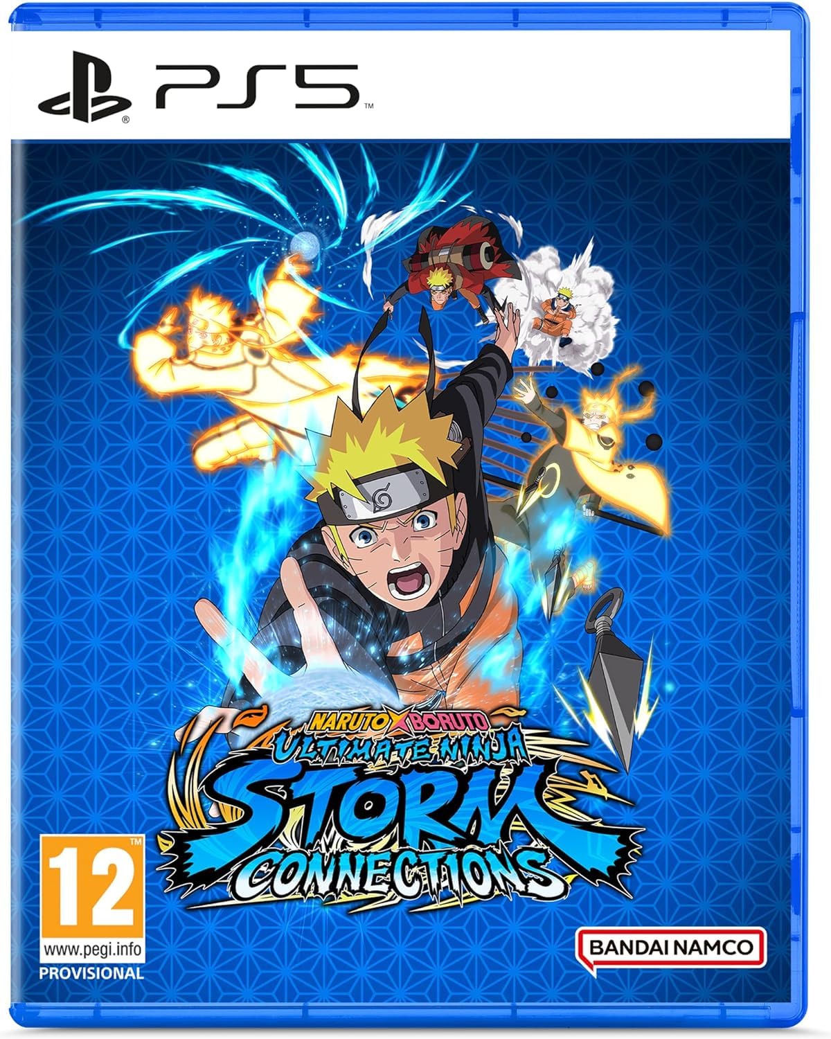 Naruto Ultimate Ninja Storm Connections PS5 game cover featuring action-packed anime characters and vibrant blue energy effects.