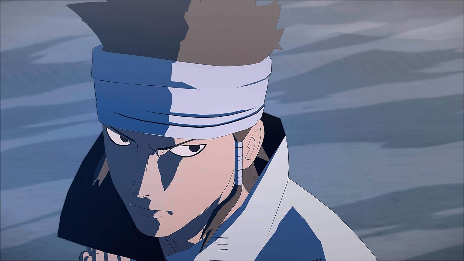 Close-up of an intense anime character with a headband, set against a desert or barren landscape backdrop.