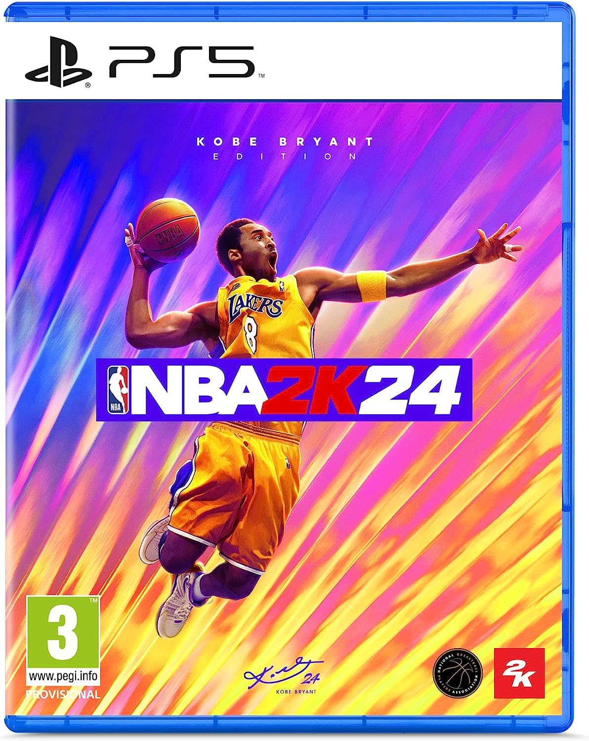 NBA 2K24 Kobe Bryant Edition PS5 game cover featuring Kobe Bryant in a Lakers jersey, performing a slam dunk against a vibrant background.