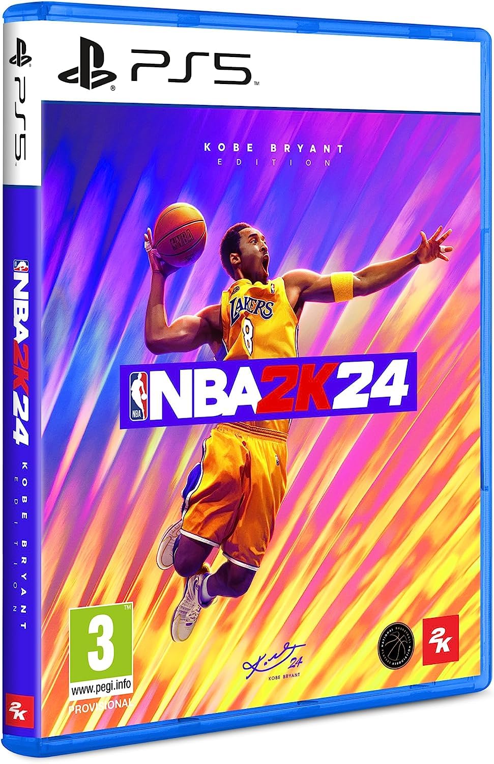 NBA 2K24 Kobe Bryant Edition PS5 game cover featuring a dynamic image of Kobe Bryant in a Lakers jersey mid-air for a slam dunk against a colorful background.