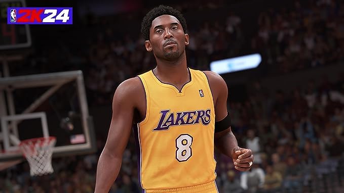 NBA 2K24 game scene featuring a Lakers player in a yellow jersey with number 8, on a basketball court with a hoop in the background.