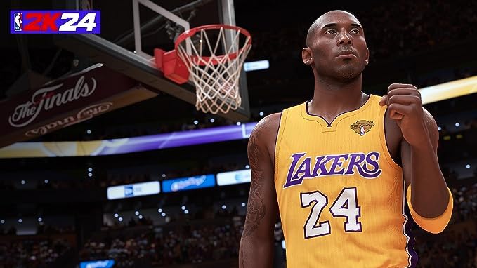 NBA 2K24 game scene featuring a Lakers player in a yellow jersey with number 24 during the Finals, standing under a basketball hoop.