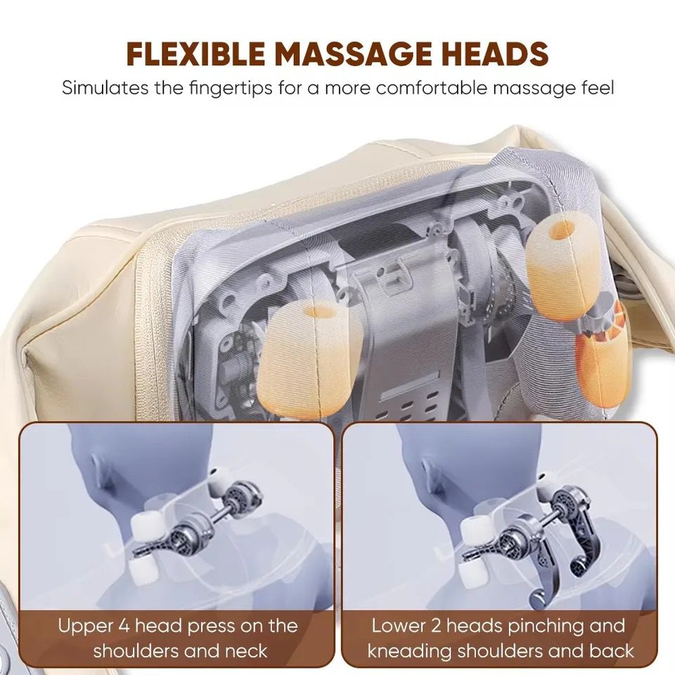 Upper 4 heads press on the shoulders and neck: This part of the device is designed to target the shoulders and neck, applying pressure to relieve tension and stress in these areas.  Lower 2 heads pinching and kneading shoulders and back: This mechanism is designed to simulate pinching and kneading actions, which are effective in working out knots and providing deeper muscle relaxation along the shoulders and back.