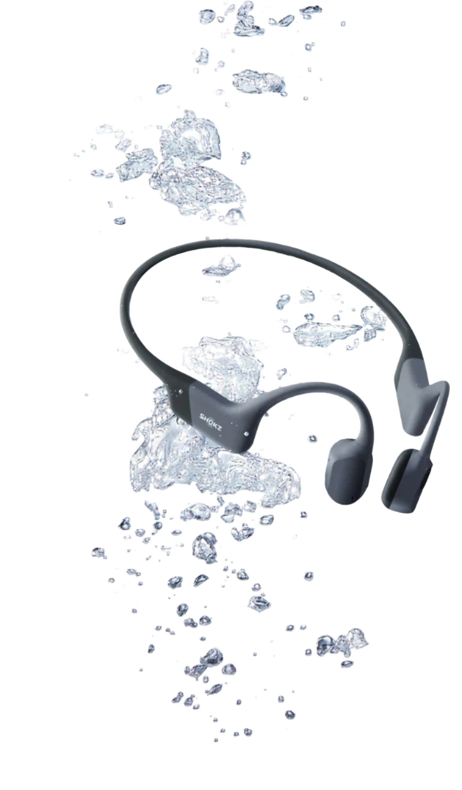 Shokz bone conduction headphones submerged in water, showcasing their waterproof design ideal for swimming and water-based activities.