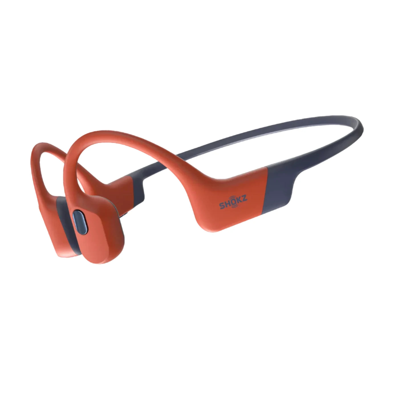 Shokz bone conduction headphones in orange and navy, designed for water resistance and comfort during sports and swimming activities.