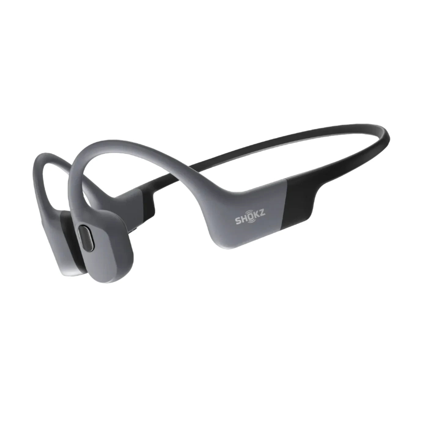 Shokz bone conduction headphones in grey, featuring water-resistant design and lightweight build, ideal for sports and swimming activities.