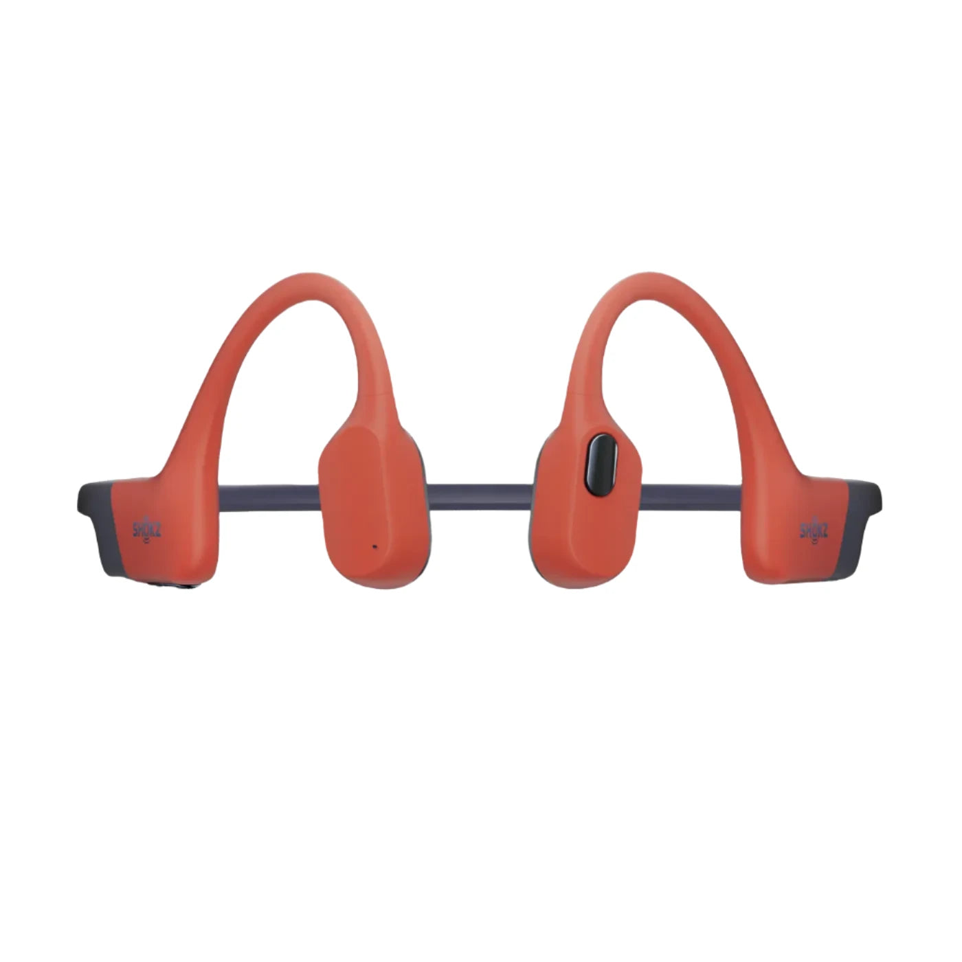 Rear view of Shokz bone conduction headphones in orange and navy, highlighting ergonomic design and water-resistant features for active use.