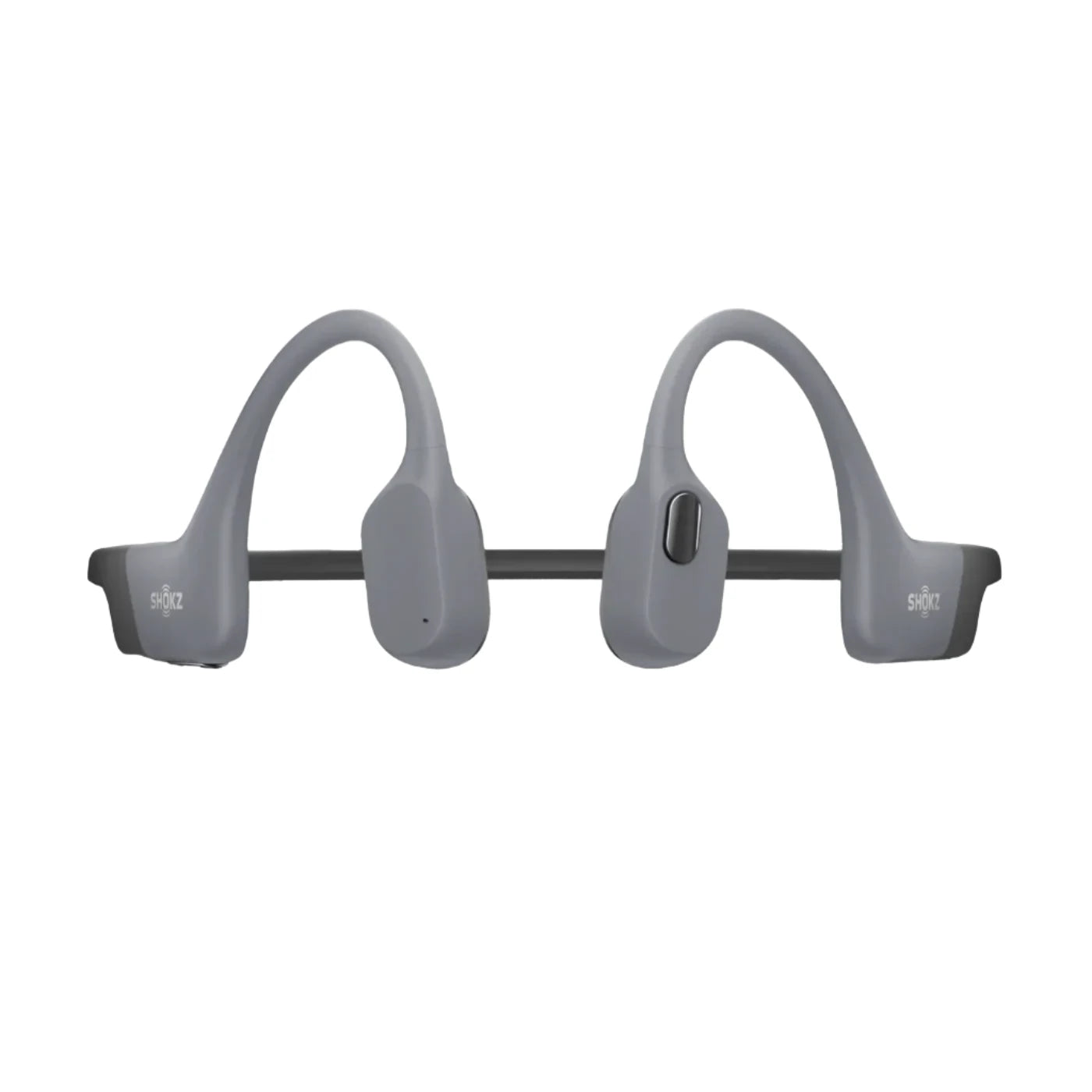 Rear view of Shokz bone conduction headphones in grey, featuring ergonomic design and water-resistant build for active use during sports and swimming.