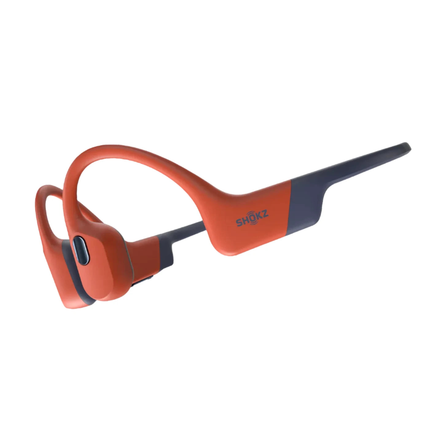 Shokz bone conduction headphones in orange and navy, designed for waterproof performance and secure fit during sports and swimming activities.