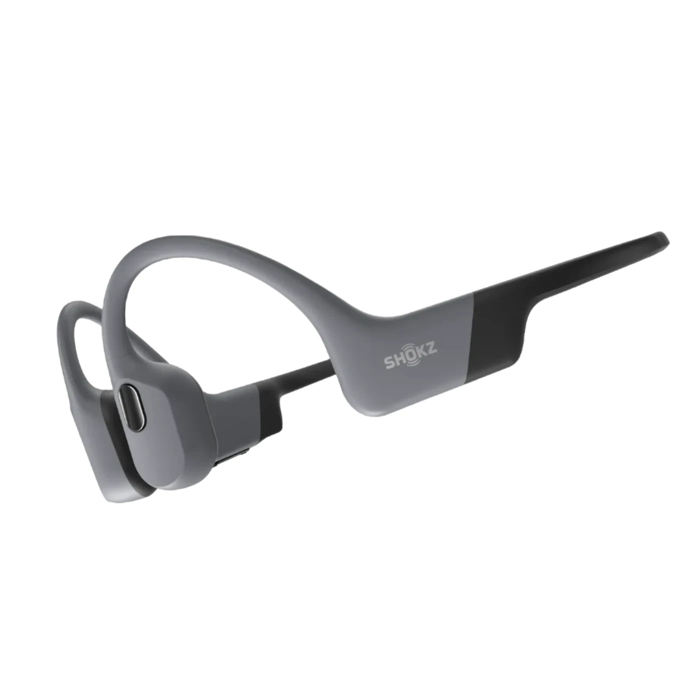 Shokz bone conduction headphones in grey, designed for water resistance and secure fit, ideal for sports and swimming activities.