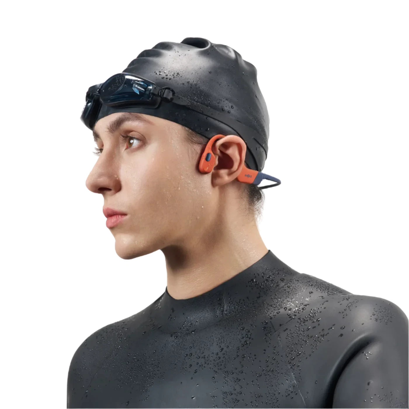 Swimmer wearing bone conduction headphones, designed for waterproof performance and secure fit during aquatic activities.