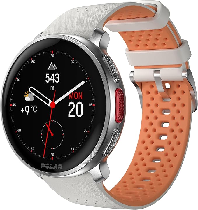 A Polar Vantage 3 smartwatch featuring a round face with a black display showing time, date, altitude, temperature, and other data. The watch has a stainless steel casing and is paired with a two-tone strap in sunrise apricot and white, with a perforated design for breathability. The strap has a buckle closure.
