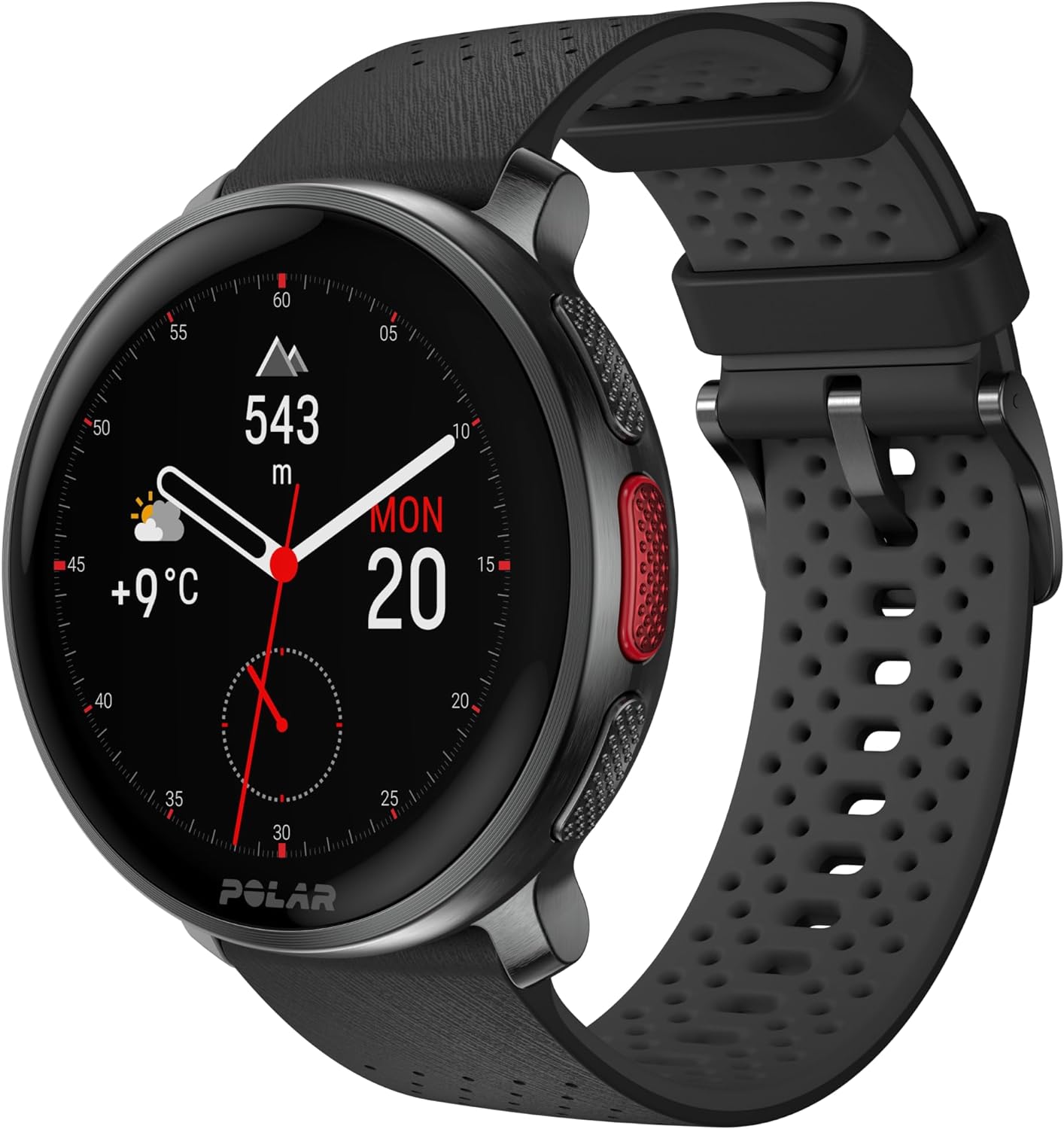 A Polar Vantage 3 smartwatch featuring a round face with a black display showing time, date, altitude, temperature, and other data. The watch has a dark casing and is paired with a two-tone strap in black and grey, with a perforated design for breathability. The strap has a buckle closure.
