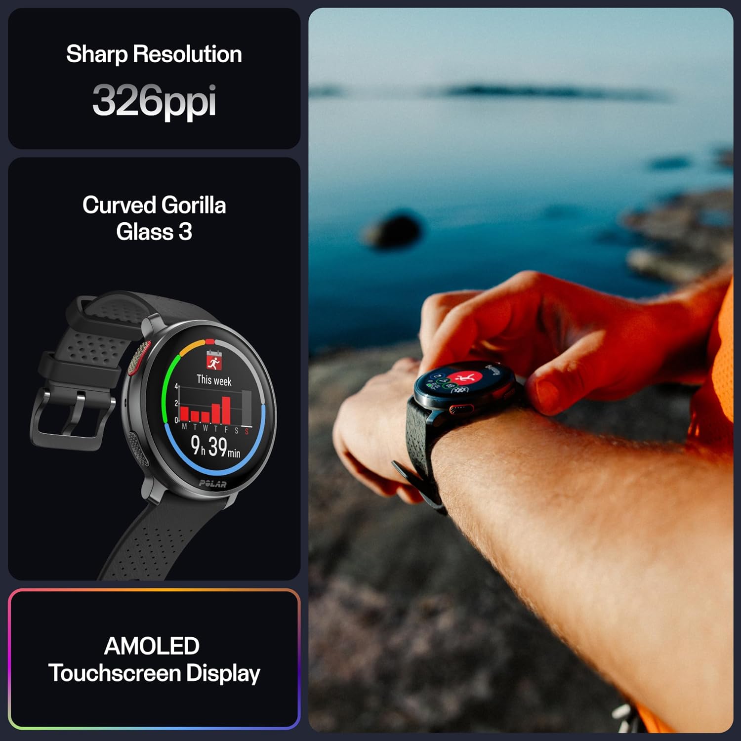  A promotional image for the Polar Vantage 3 smartwatch highlighting its sharp resolution of 326 ppi, curved Gorilla Glass 3, and AMOLED touchscreen display. The image shows a person using the smartwatch outdoors near a lake, emphasizing its durability and display quality. Additionally, there is a close-up of the watch displaying workout data, showcasing its vibrant and detailed screen.