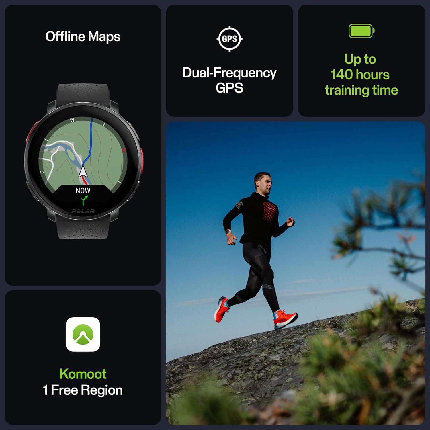 A promotional image for the Polar Vantage 3 smartwatch highlighting its features such as offline maps, dual-frequency GPS, and up to 140 hours of training time. The image shows a man running on a rocky terrain, emphasizing the watch's outdoor capabilities. Additionally, it mentions a free region with Komoot, a navigation app. The visuals include the smartwatch displaying a map, showcasing its navigation and tracking functions.