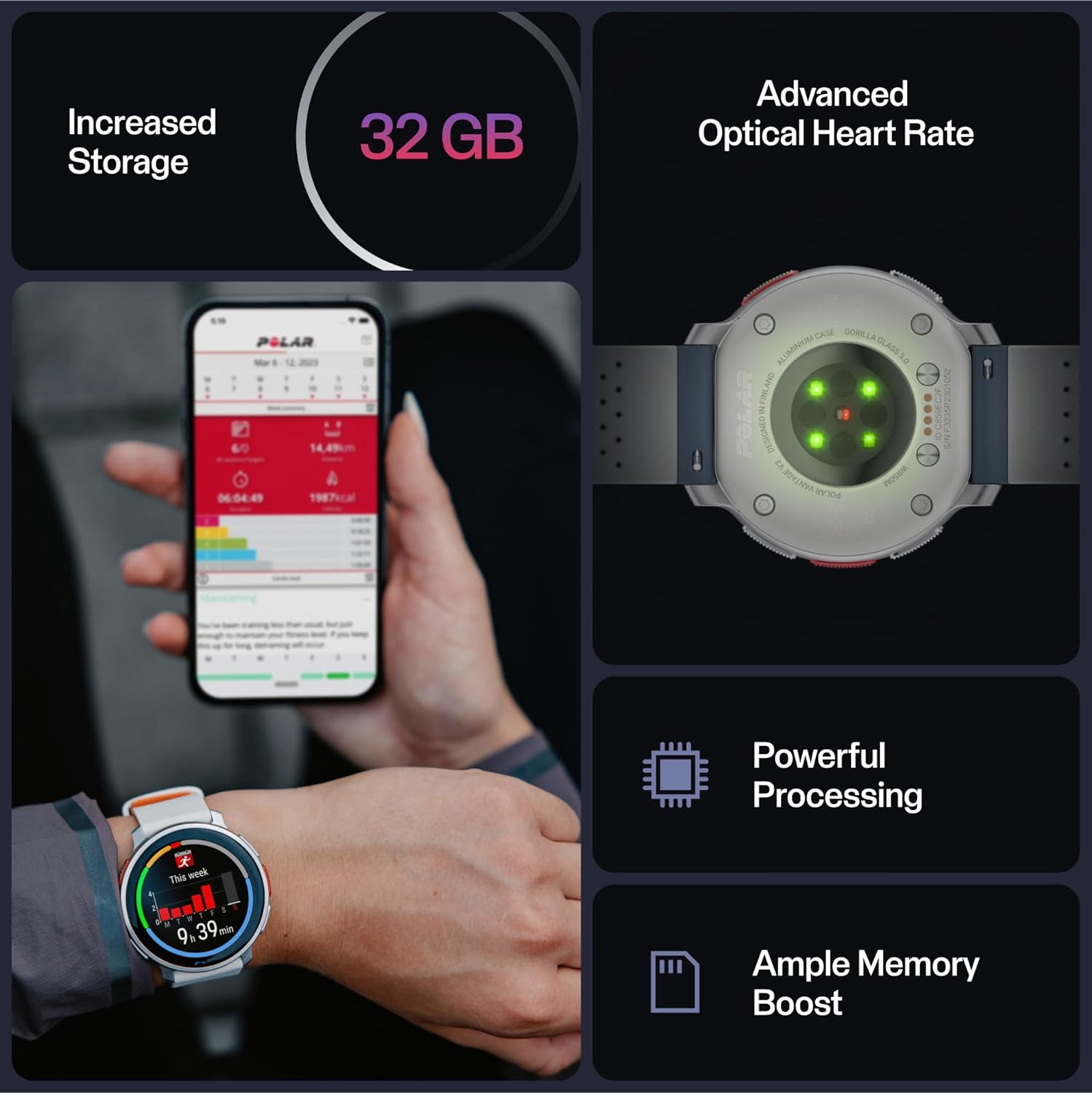 A promotional image for the Polar Vantage 3 smartwatch highlighting its features. The image mentions increased storage of 32 GB, advanced optical heart rate monitoring, powerful processing, and ample memory boost. It includes visuals of the smartwatch interface on a smartphone, the back of the watch showing the heart rate sensor, and the smartwatch on a wrist. The promotional content emphasizes the device's enhanced storage, processing capabilities, and advanced health tracking features.