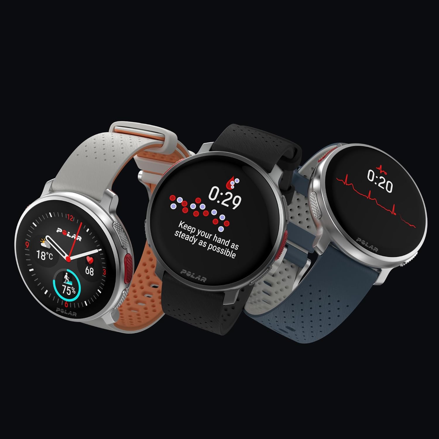 Three Polar Vantage 3 smartwatches displayed against a black background. The watches feature round faces with different display screens showing time, heart rate, ECG reading, and an activity timer. The watches have stainless steel casings and are paired with different colored two-tone straps: one in sunrise apricot and white, one in black and grey, and one in blue and white. All straps have a perforated design for breathability and buckle closures.