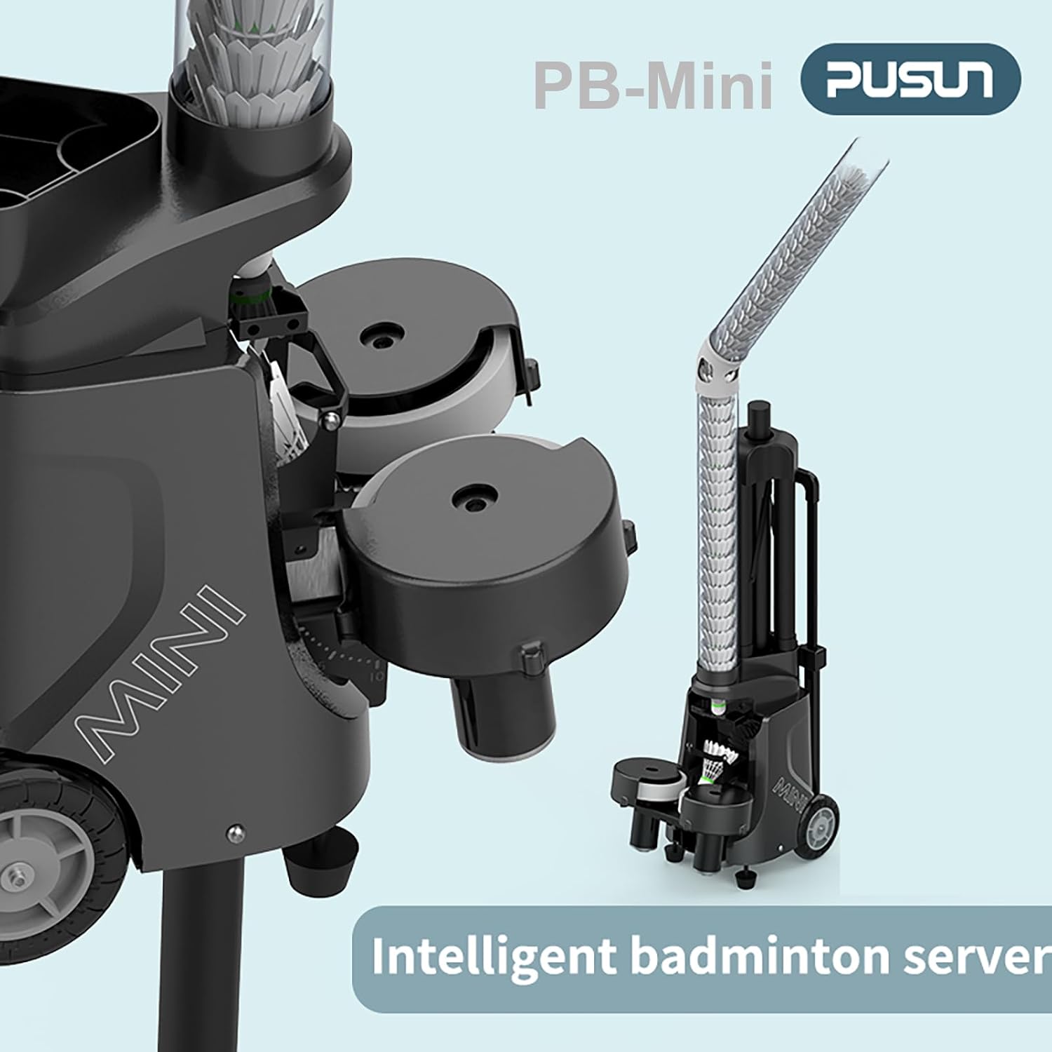 PUSUN PB-Mini intelligent badminton shuttlecock server for training and practice.