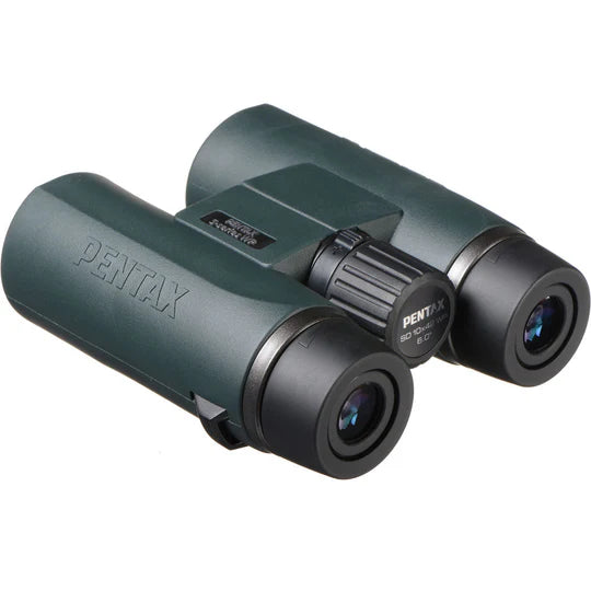 Pentax 10x42 S-Series SD WP binoculars in dark green with a robust and ergonomic design featuring multi-coated optics and twist-up eyecups for comfortable viewing