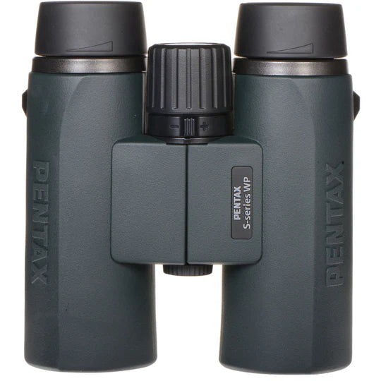 Pentax 10x42 S-Series SD WP binoculars in dark green shown from the front highlighting the central focus wheel and rugged design for durability and ease of use