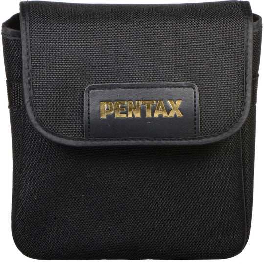 Pentax black carrying case with a gold logo, designed for compact and secure storage of cameras and accessories. This durable, stylish pouch features a secure flap closure, ideal for photographers seeking both protection and portability for their equipment.