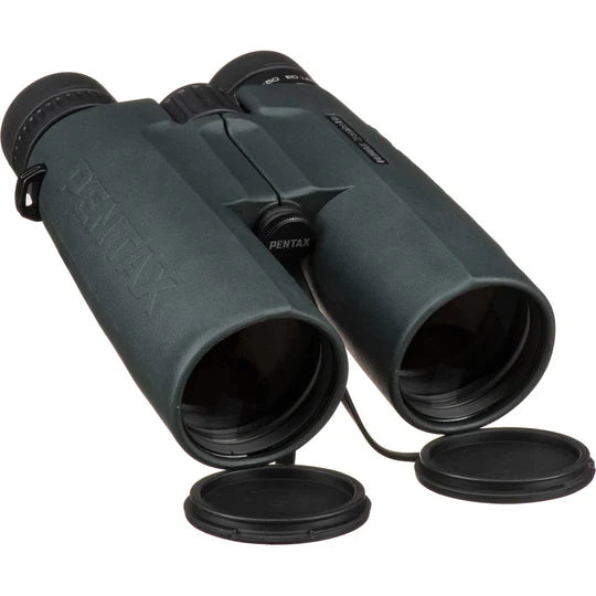 Pentax 10x50 Z-Series ZD ED binoculars with rugged design and ED lenses featuring open lens caps ideal for birdwatching and outdoor adventures providing high-quality clear and bright viewing