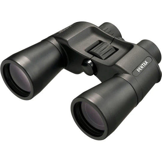 A pair of Pentax binoculars featuring a sleek, black design. The binoculars have large objective lenses for enhanced light-gathering capabilities and a central focusing knob for easy adjustments. 