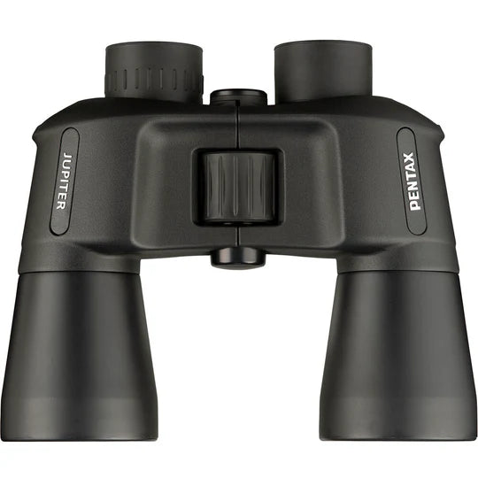 A top view of a pair of Pentax binoculars, labeled "Jupiter" on the left barrel and "Pentax" on the right barrel