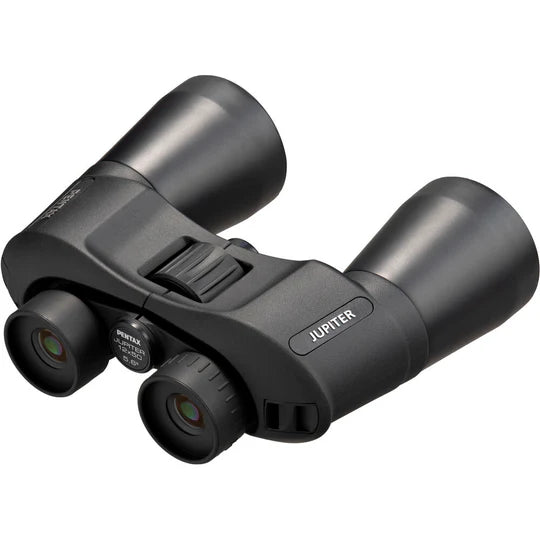  A pair of Pentax Jupiter binoculars featuring a sleek black design with large objective lenses for enhanced light-gathering capabilities. The binoculars have a central focusing knob for easy adjustments and comfortable eyepieces. The left barrel is labeled "Jupiter," and the right barrel features the Pentax logo. The binoculars are designed for durability and high performance, making them suitable for activities such as bird watching, nature observation, and sports events.