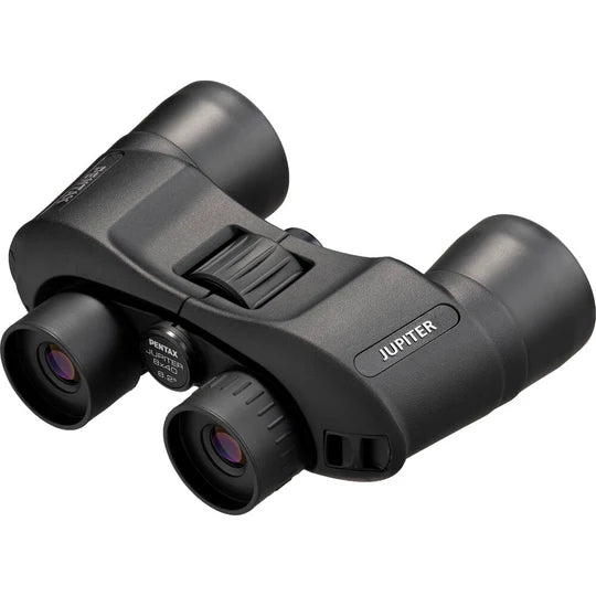 A pair of Pentax Jupiter 8x40 binoculars featuring a sleek black design with large objective lenses for enhanced light-gathering capabilities. The binoculars have a central focusing knob for easy adjustments and comfortable eyepieces.