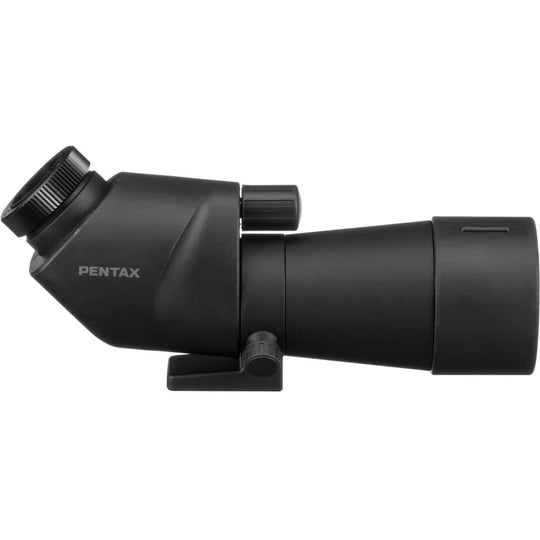 A Pentax spotting scope, featuring a sleek, black design. The scope has a large objective lens at the front and an angled eyepiece at the back. A focus adjustment knob is located in the middle for precise focusing