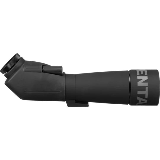 A side view of a black spotting scope with a sleek, cylindrical body and a large objective lens. The brand name "PENTAX" is prominently displayed near the front of the scope. The eyepiece is angled and includes an adjustable focus ring. The design features smooth surfaces and ergonomic contours for easy handling.