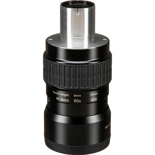 A Pentax SMC Pentax Zoom Eyepiece with a focal length range from 8mm to 12mm. The eyepiece has a black cylindrical design with a silver attachment at the top for connecting to a spotting scope.