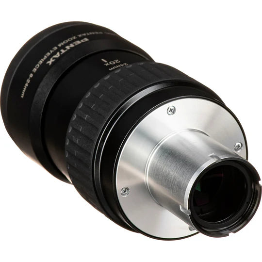 A close-up view of a Pentax SMC Pentax Zoom Eyepiece, focusing on the silver attachment end used for connecting to a spotting scope. The eyepiece has a black cylindrical design with a textured grip in the middle for easy handling and adjustment.