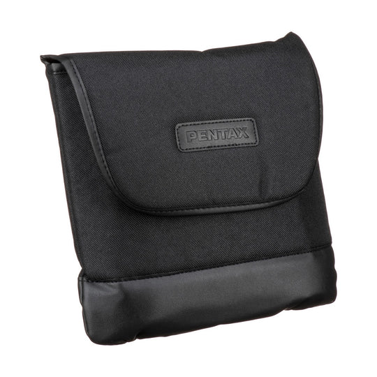 A black Pentax carrying case designed for binoculars. The case features a flap with a Velcro closure, and the Pentax logo is prominently displayed on the front. The lower part of the case has a smooth, reinforced material for added durability. The design is compact and functional, providing protection and easy portability for the binoculars.