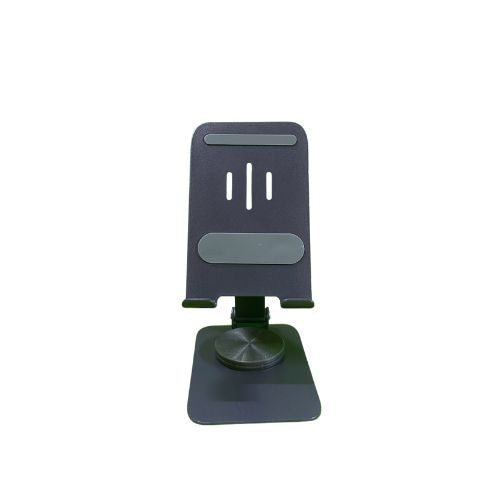 : A front view of a black 360 rotating phone and tablet stand featuring a rectangular backplate with two vertical slots and two horizontal rubber pads for secure device placement. The stand has a circular base and an adjustable arm, allowing for flexible positioning and rotation.