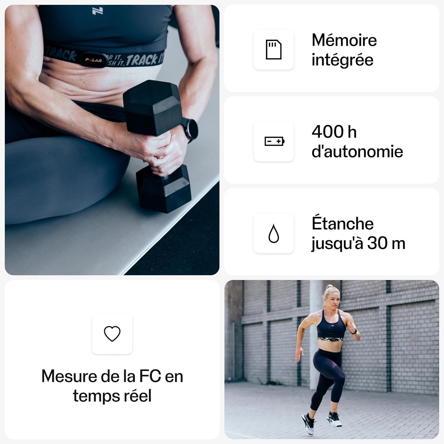 Polar heart rate monitor features, including built-in memory, 400-hour battery life, waterproof up to 30 meters, and real-time heart rate monitoring.