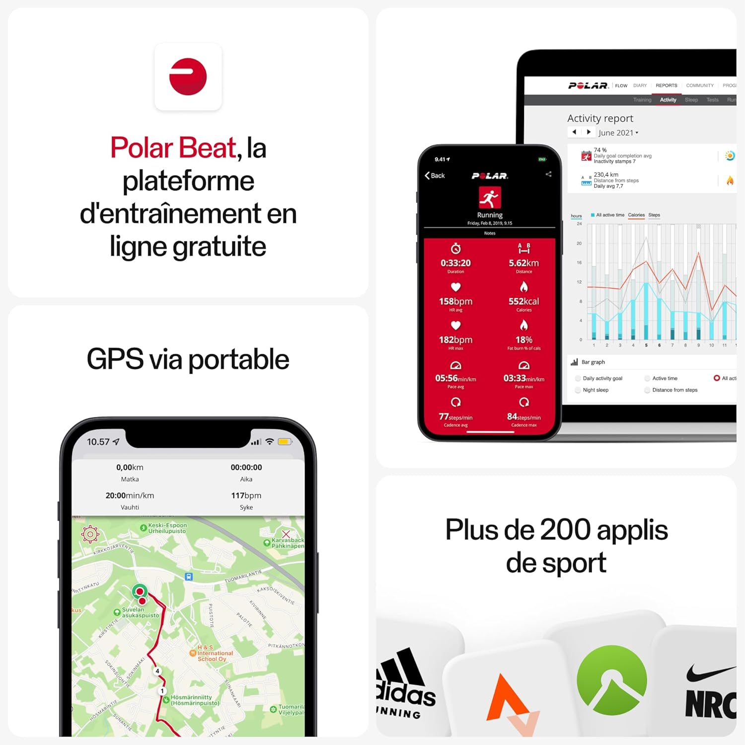 A promotional image for Polar Beat, a free online training platform. The image highlights various features, including GPS via mobile, an activity report displayed on a smartphone and a tablet, and compatibility with over 200 sports apps such as Adidas Running, Strava, and Nike Run Club