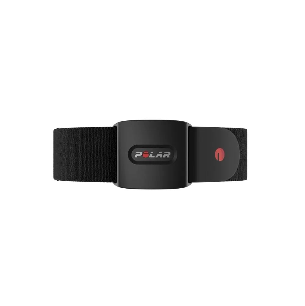  A Polar optical heart rate sensor with a black casing and a black adjustable strap. The front of the sensor features the Polar logo and a red power button on the casing.