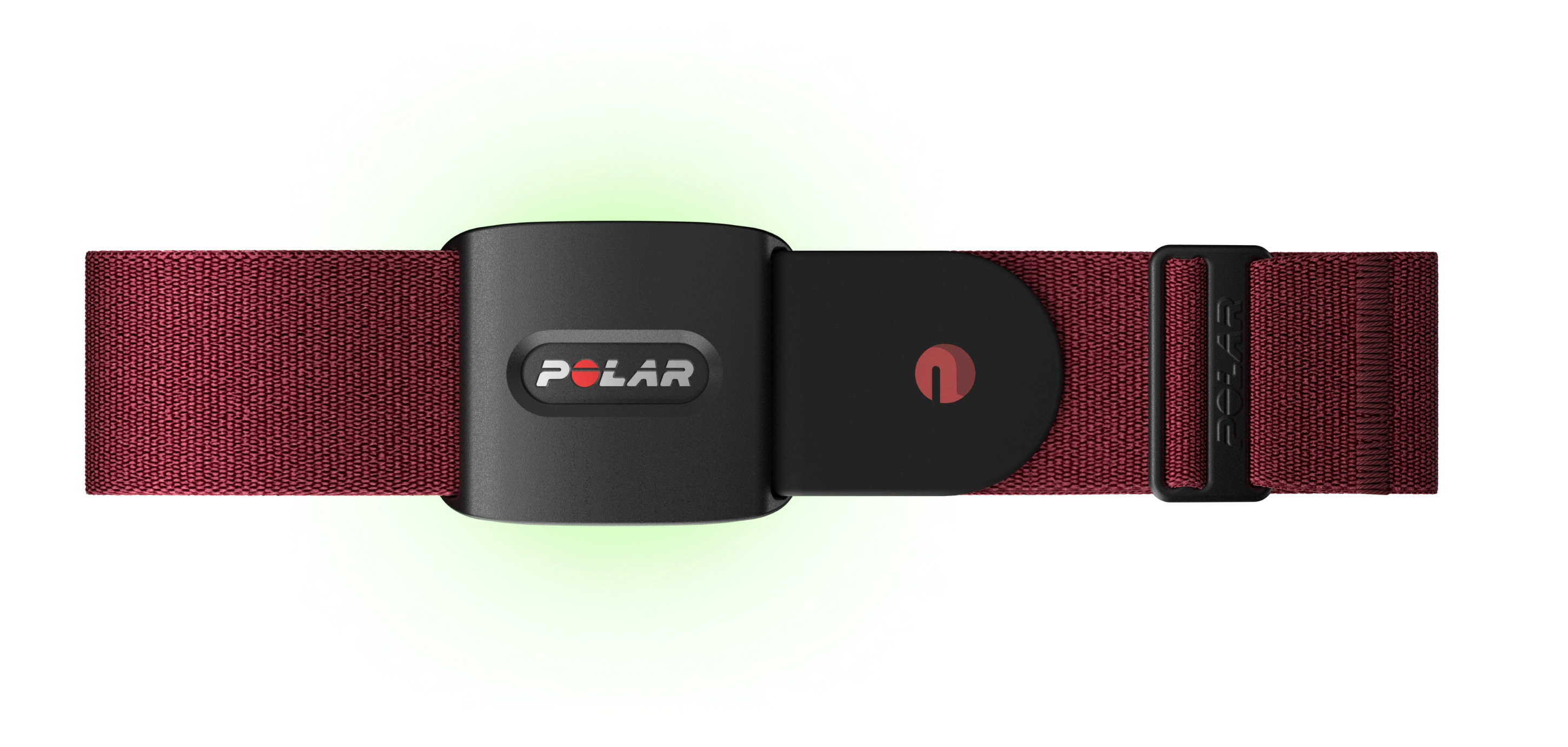 A Polar optical heart rate sensor with a black casing and a red adjustable strap. The sensor features the Polar logo and a power button on its casing. The strap is designed for secure fitment around the chest, and the sensor is highlighted with a green light indicating its optical heart rate monitoring functionality.