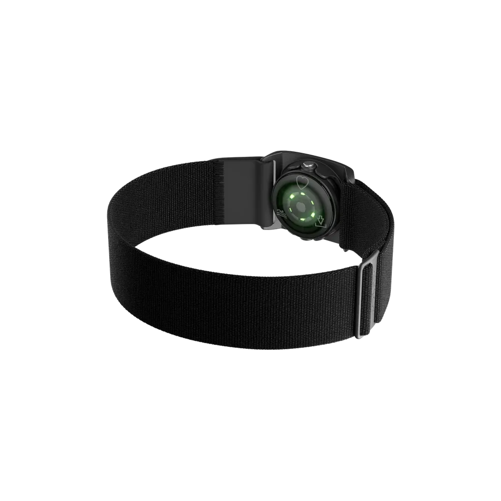 A Polar optical heart rate sensor with a black adjustable strap. The sensor's green optical heart rate monitoring lights are illuminated, highlighting its functionality.