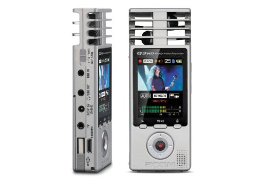 Zoom Q3HD Handy Video Recorder showing both the side and front views. The side view displays various input/output ports and the HDMI and USB logos, while the front view shows the device in operation, capturing a video of a musician on stage, with controls and an LCD screen displaying recording information.