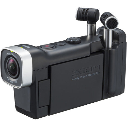 Zoom Q4n Handy Video Recorder showing its wide lens, flip-out screen, and dual microphones on each side from a slightly different angle.