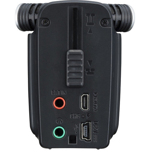 Zoom Q4n Handy Video Recorder rear view highlighting the EXTLN, HDMI, USB, and PHONES ports with two microphones on top.