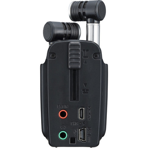 Back view of the Zoom Q4n Handy Video Recorder, showing the external ports, including EXTLN, HDMI, USB, and PHONES, along with the two adjustable microphones.