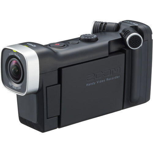 Zoom Q4n Handy Video Recorder angled view showing the wide lens, flip-out screen, and dual microphones on each side.