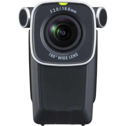 Zoom Q4n Handy Video Recorder with a close-up front view showcasing the 16.6mm wide lens and dual microphones on each side.