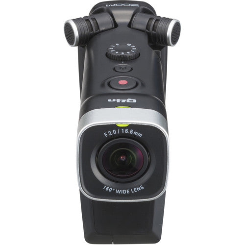 Zoom Q4n Handy Video Recorder with a front view showcasing the 16.6mm wide lens and dual microphones positioned on top.