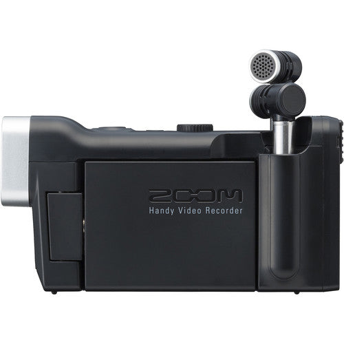 Zoom Q4n Handy Video Recorder with a left-side view displaying the microphone in an upright position and the "Handy Video Recorder" label.